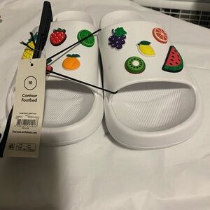 White Slide Sandals with Fruit Accents